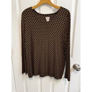 Chicos 2 Large Black Gold Print Top Round Neck Long Sleeves Rayon Blend